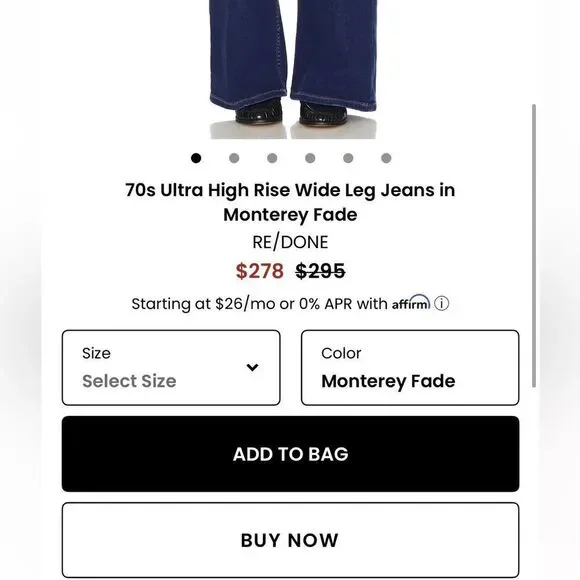 NWT RE/DONE 70s Ultra High Rise Wide Leg Jeans inMonterey Fade dark wash